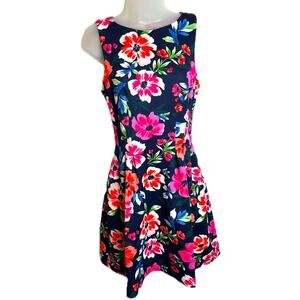 Vince Camuto Floral Sleeveless Scuba Fit and Flare Floral Dress Navy Size 2